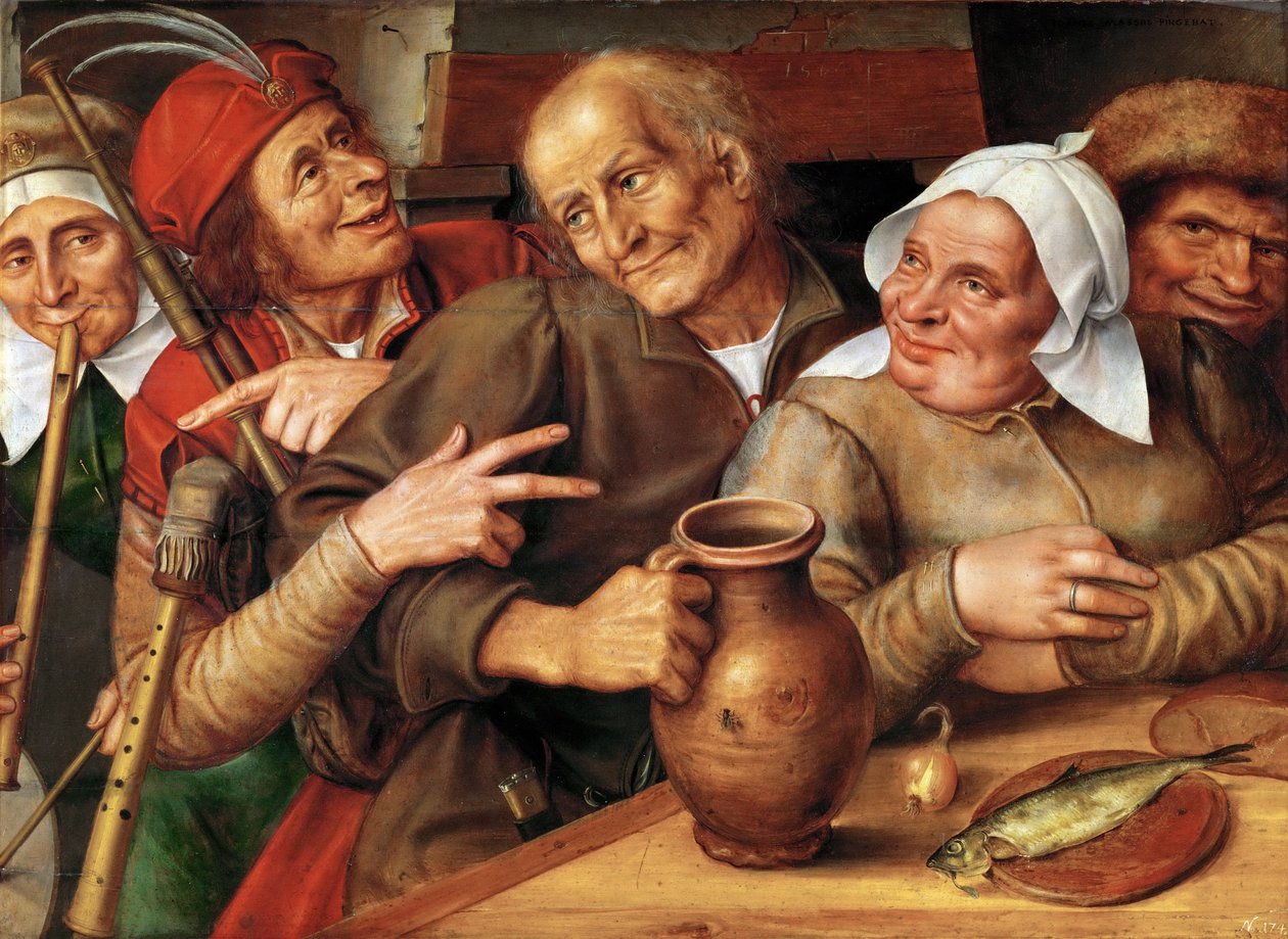 A Merry Company - A Merry Company, av Massys (Matsys), Jan (1510-1575). olje på tre av Jan Massys