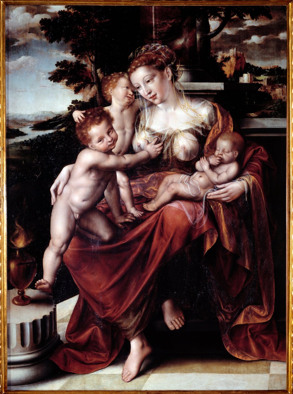 Allegory of Charity (Kvinne mater flere babyer) Maleri av Jan Metsys (eller Massys) (1509-1575) Dim 120x90 cm Genes, Musei di Strada Nuova (ex Palazzo Bianco) av Jan Massys or Metsys