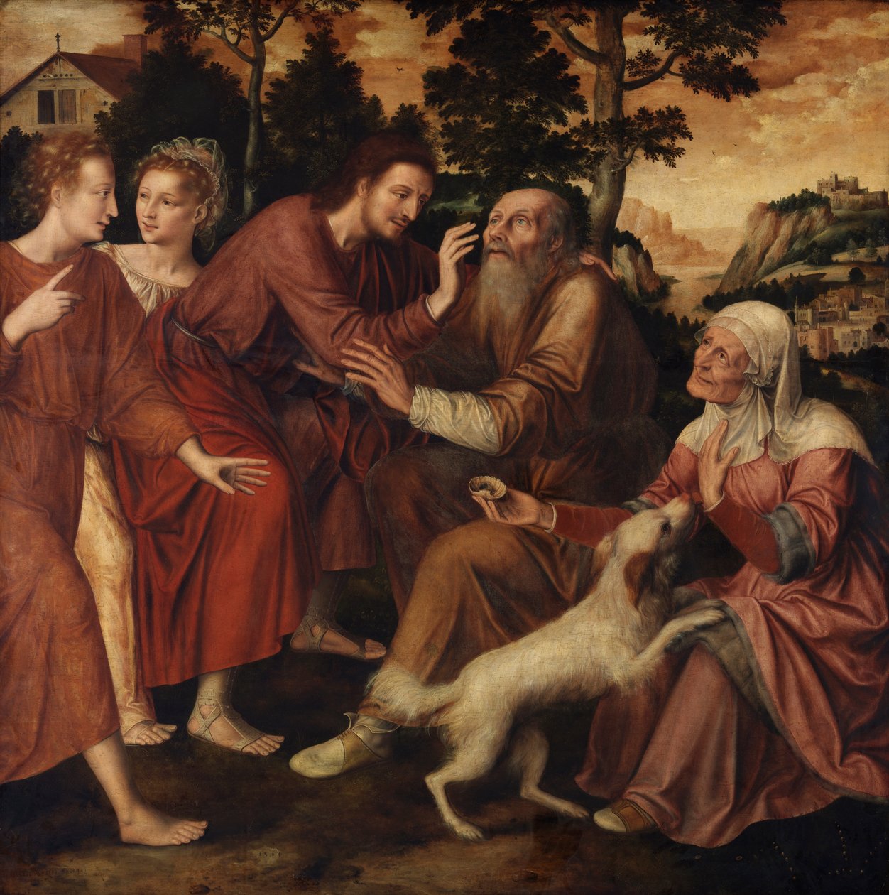 The Healing of Tobit (olje på panel) av Jan Massys or Metsys