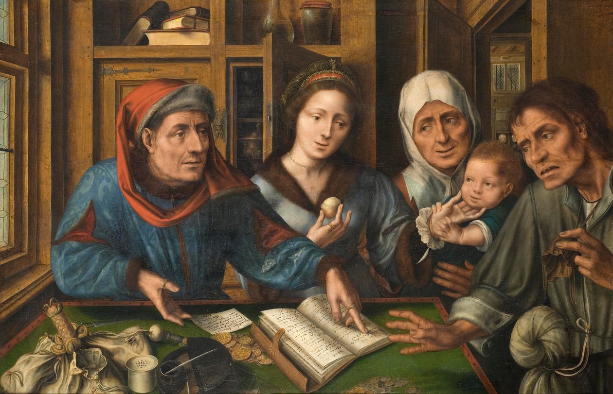 The Rent Receivers Office, 1514 (olje på lerret overført fra tre) av Jan Massys or Metsys