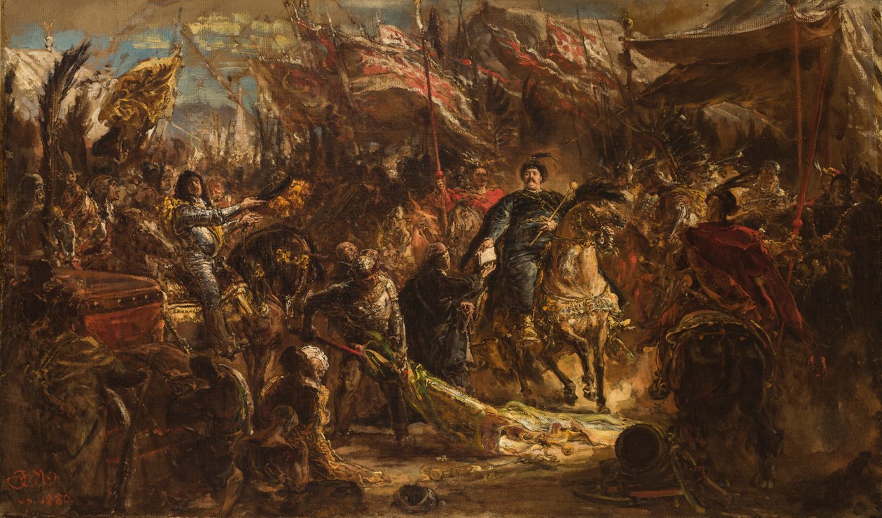 Jan III Sobieski overrekker kannik Denhoff et brev til paven med nyheten om seieren over tyrkerne ved Wien i 1683 av Jan Matejko