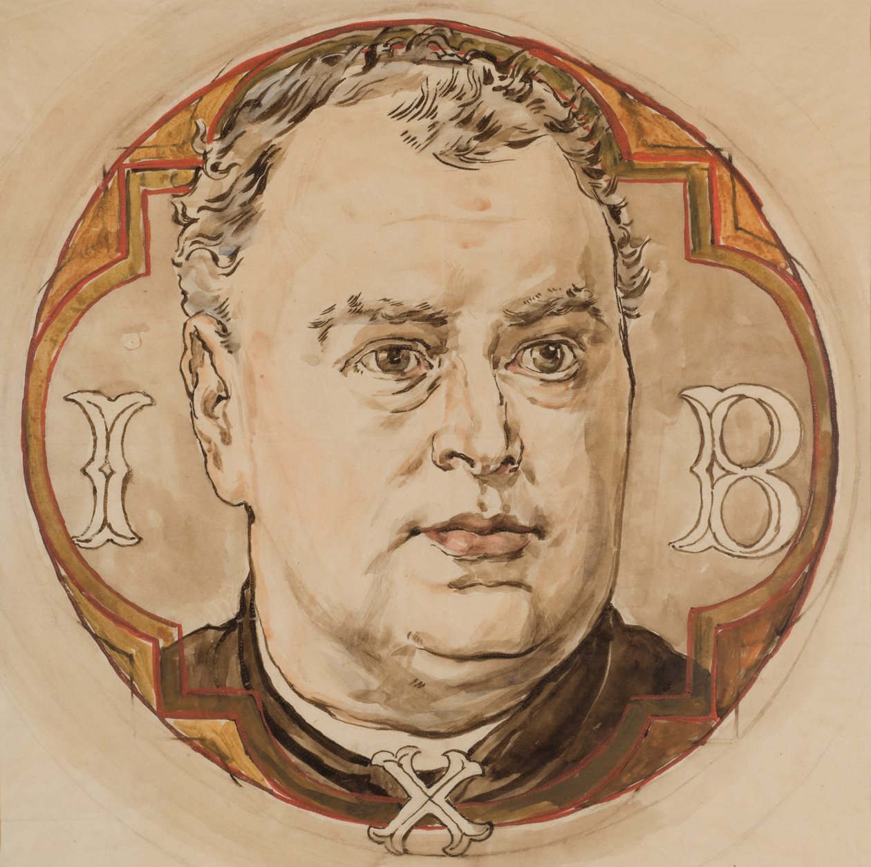 Kartong til Mariakirkens polykromi - mannshode og bokstavene «I, B, X» (presten Jan Bukowski) av Jan Matejko