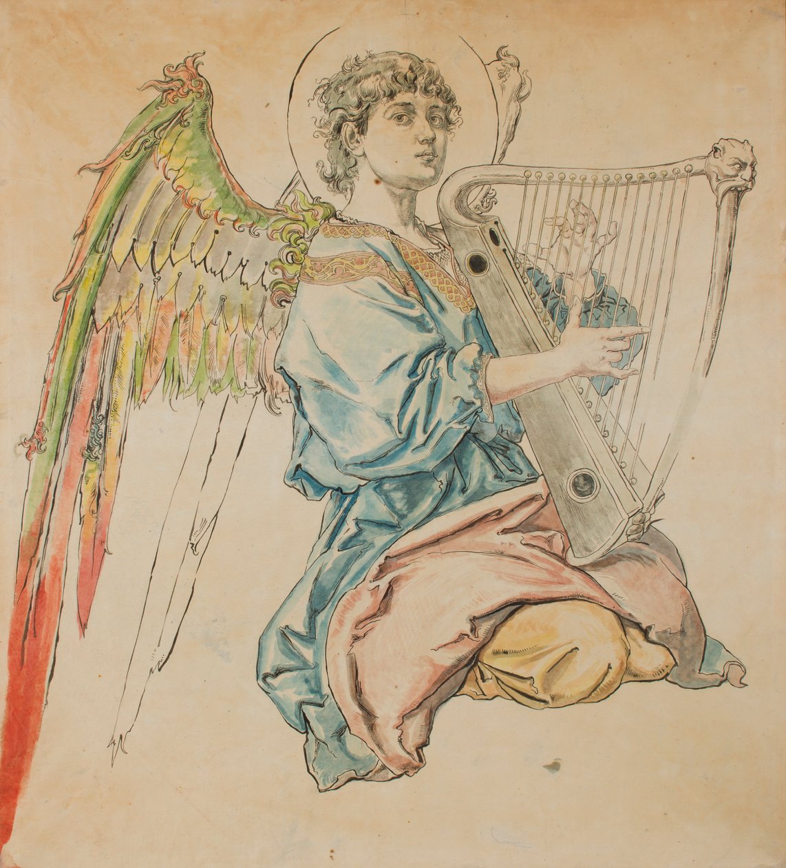 Kartong til polykromien i Mariakirken - Figur av en engel som spiller lutt av Jan Matejko