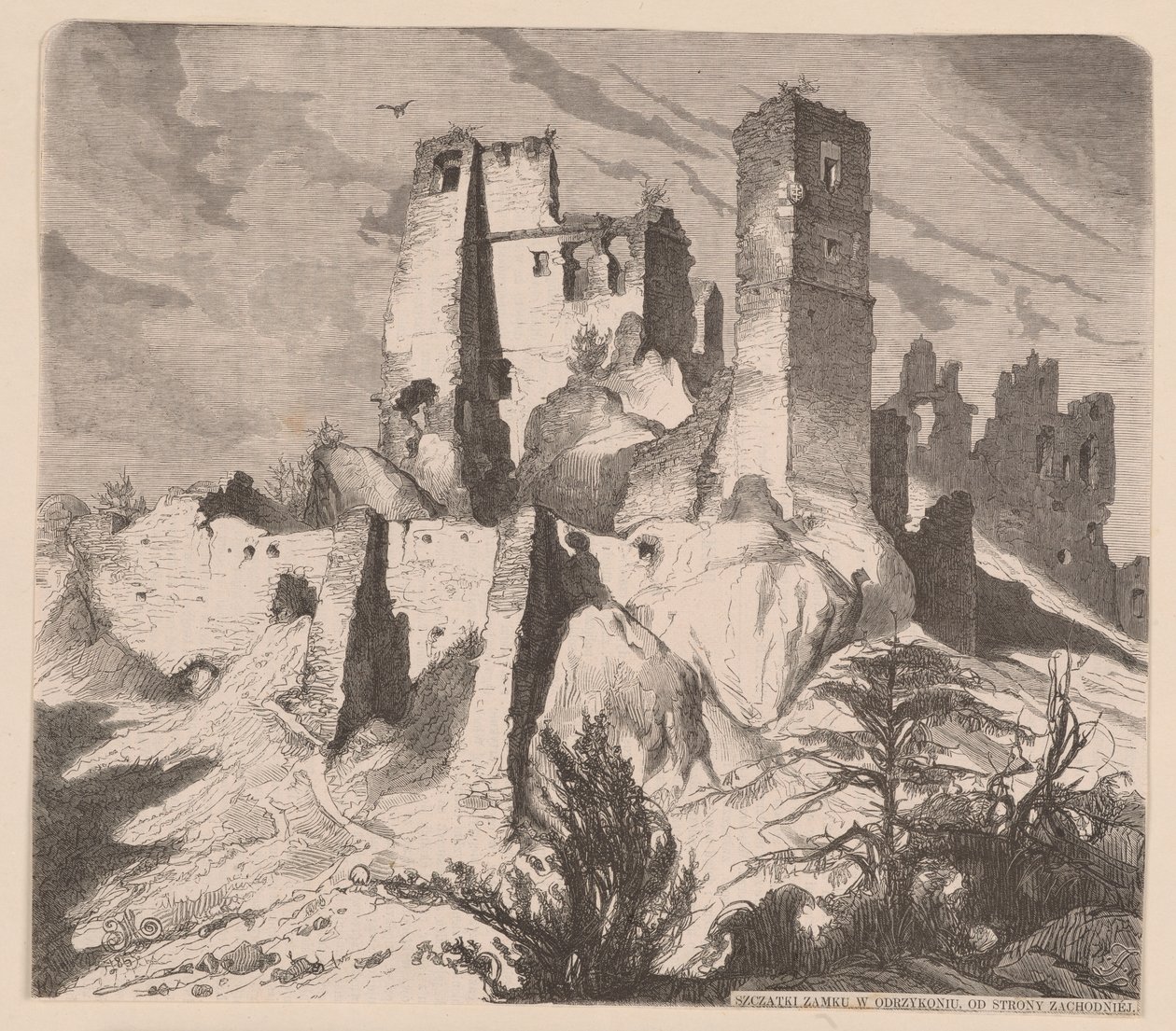 Ruinene av slottet i Odrzykoń, 1865 - tresnitt etter en tegning av Jan Matejko av Jan Matejko