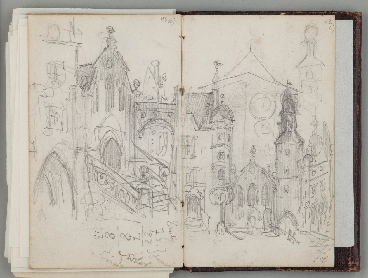 Jan Matejkos skissebok fra München. Ensidig tegning. Forside: studie av den gamle Marienplatz i München og studie av tårn. av Jan Matejko