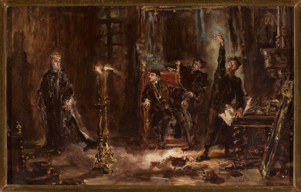 Twardowski fremkaller Barbaras ånd foran Sigismund August, skisse av Jan Matejko