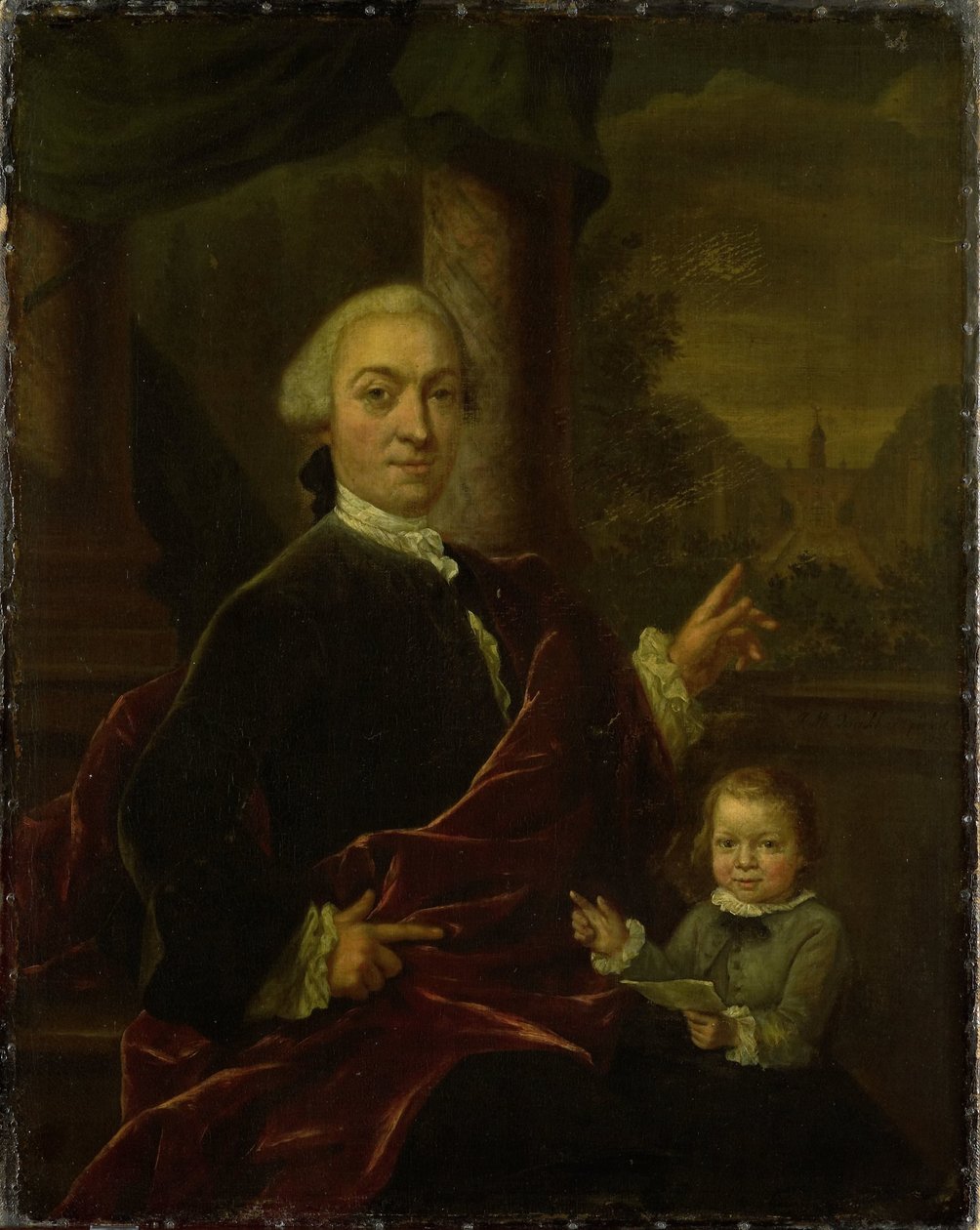 Familieportrett av Jan van de Poll, bankmann og borgmester i Amsterdam med sin unge sønn Harman av Jan Maurits Quinkhard
