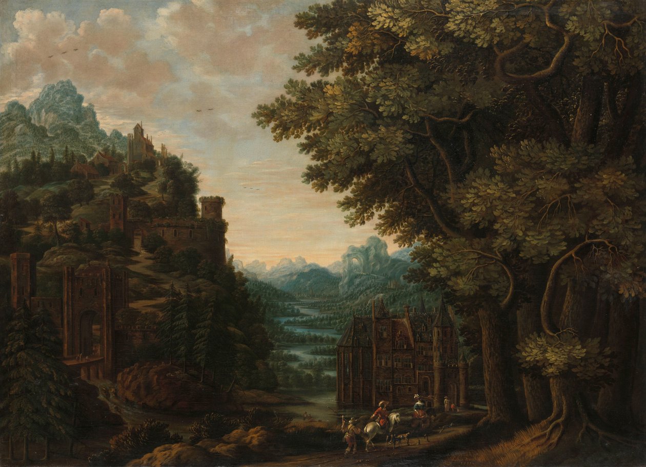 Fjelllandskap med elvedal og slott av Jan Meerhout