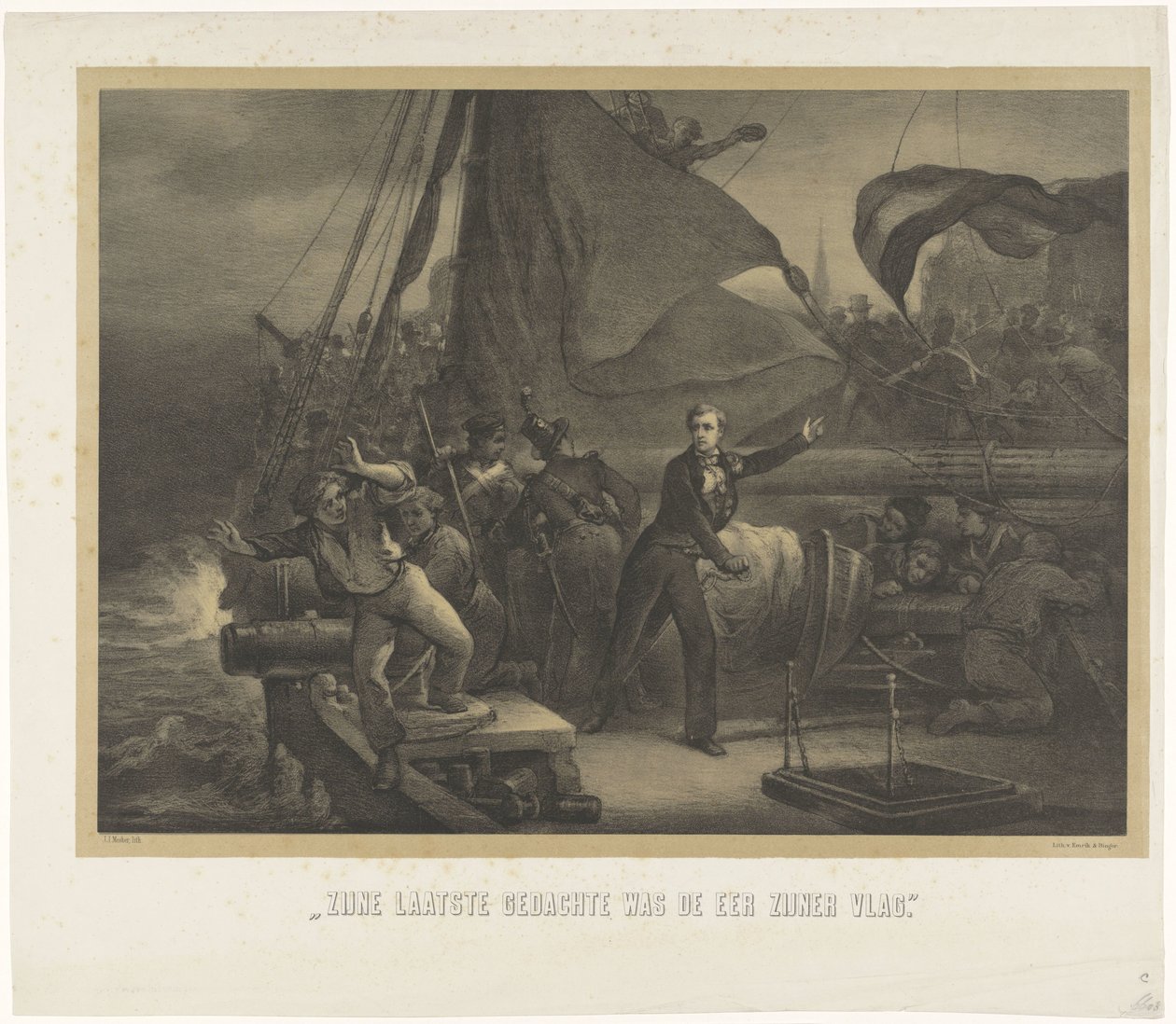 Jan van Speijk var i ferd med å kaste lunta i lasterommet, 1831 Hans siste tanke var flaggets ære (tittel på objekt) av Jan Mesker
