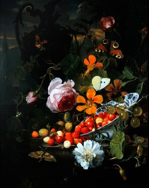 Et stilleben med jordbær i en bolle og blomster av Jan Mortel