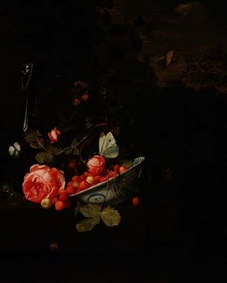 Stilleben av ville jordbær, en rose og en glassflaske, 1690 av Jan Mortel