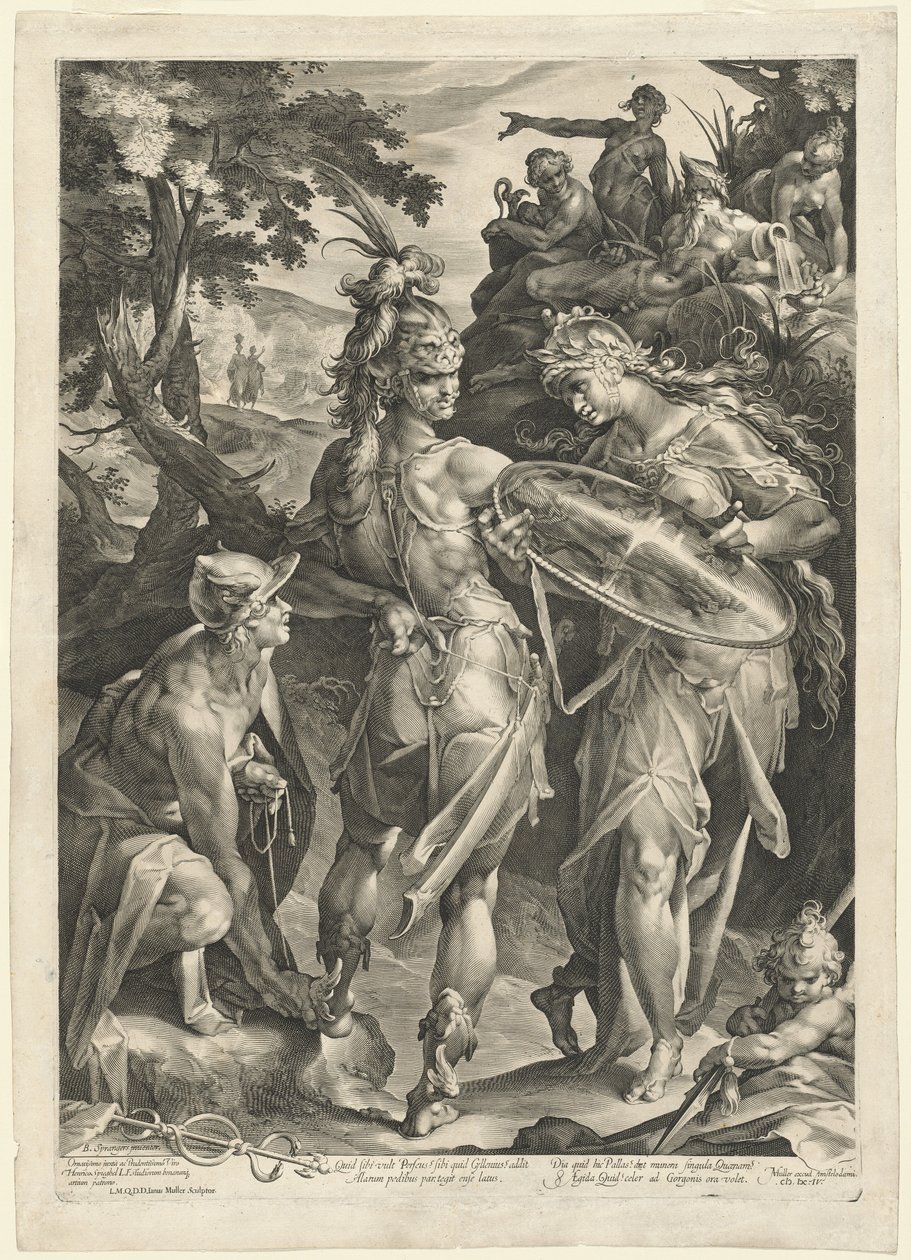 Minerva og Merkur bevæpner Perseus av Jan Muller, after Bartholomaeus Spranger
