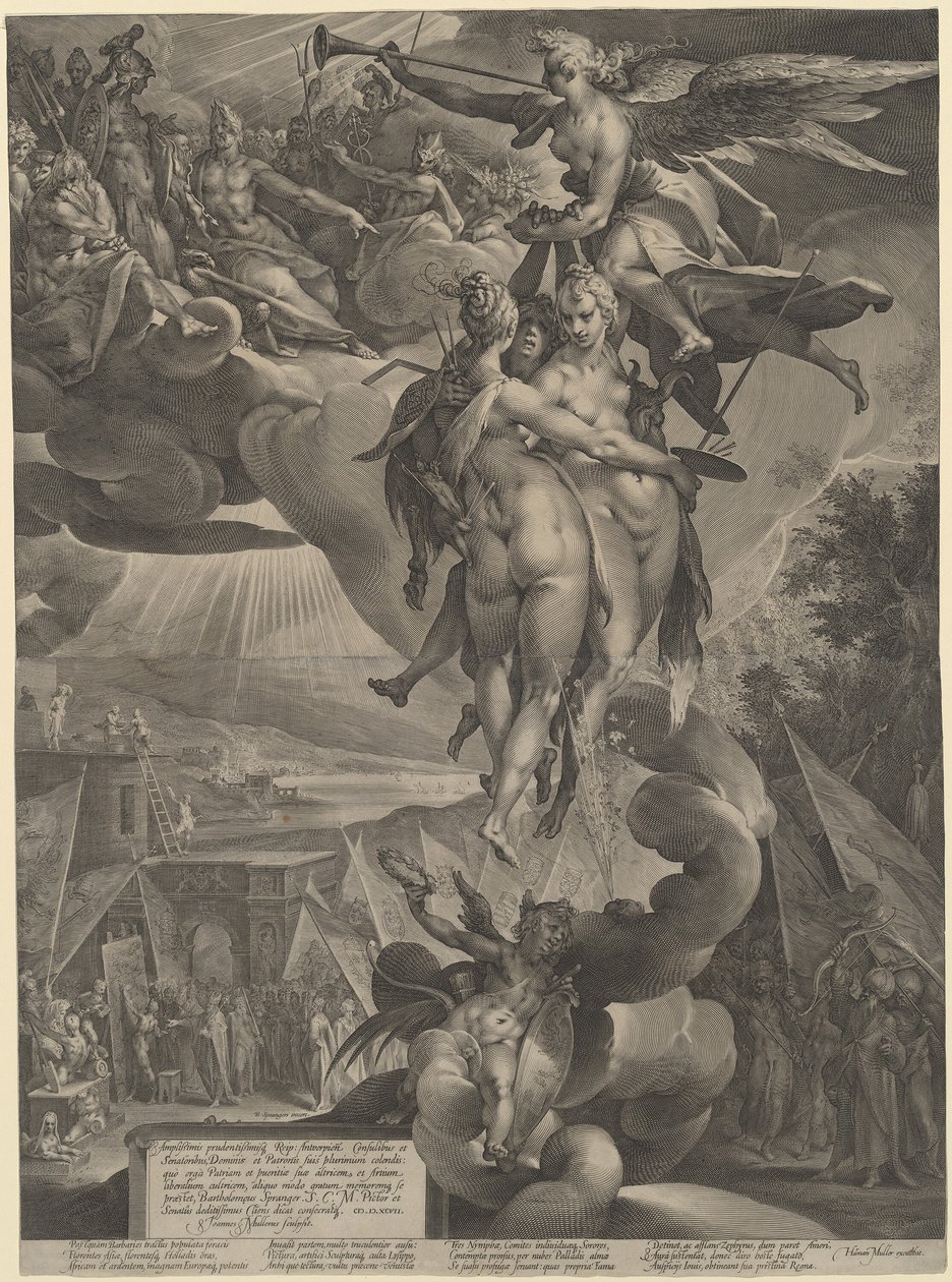 Kunstens apoteose av Jan Muller, after Bartholomaeus Spranger