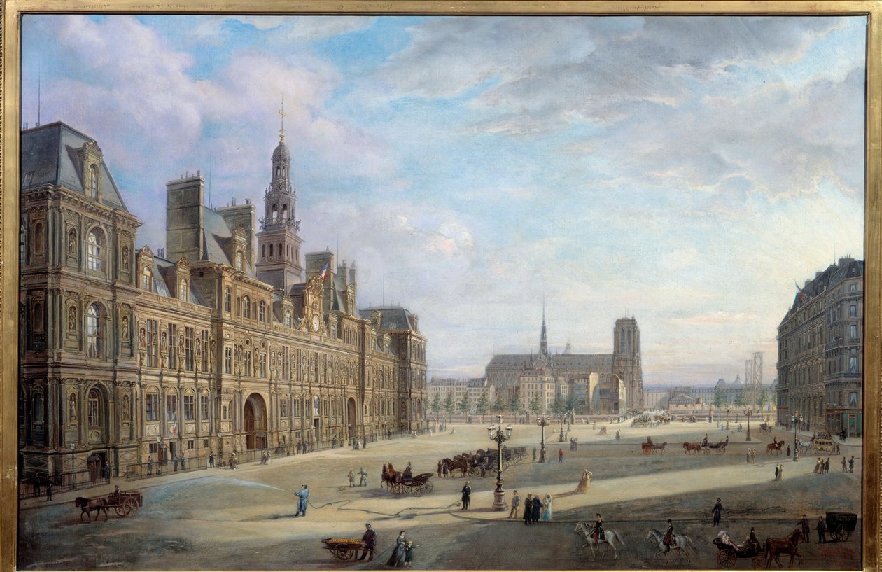 Rådhuset i Paris i 1868. Maleri av Jan Ostoga De Miodoucheski (Mioduzsewski) (1831 -? ). Olje på lerret. Mål: 0,78 x 1,17m. Paris, Musee Carnavalet - Rådhuset i Paris i 1868. Maleri av Jan Ostoga av Miodoucheski (Mioduzsewski) (1831-? ). O av Jan Ostoja Mioduszewski