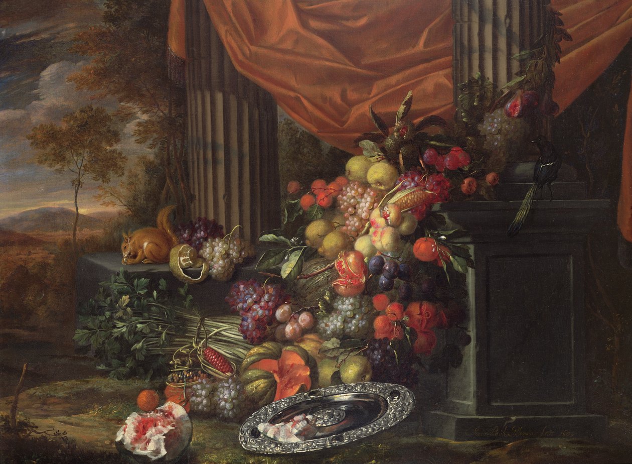 Stilleben av frukt i landskap av Jan Pauwel the elder Gillemans