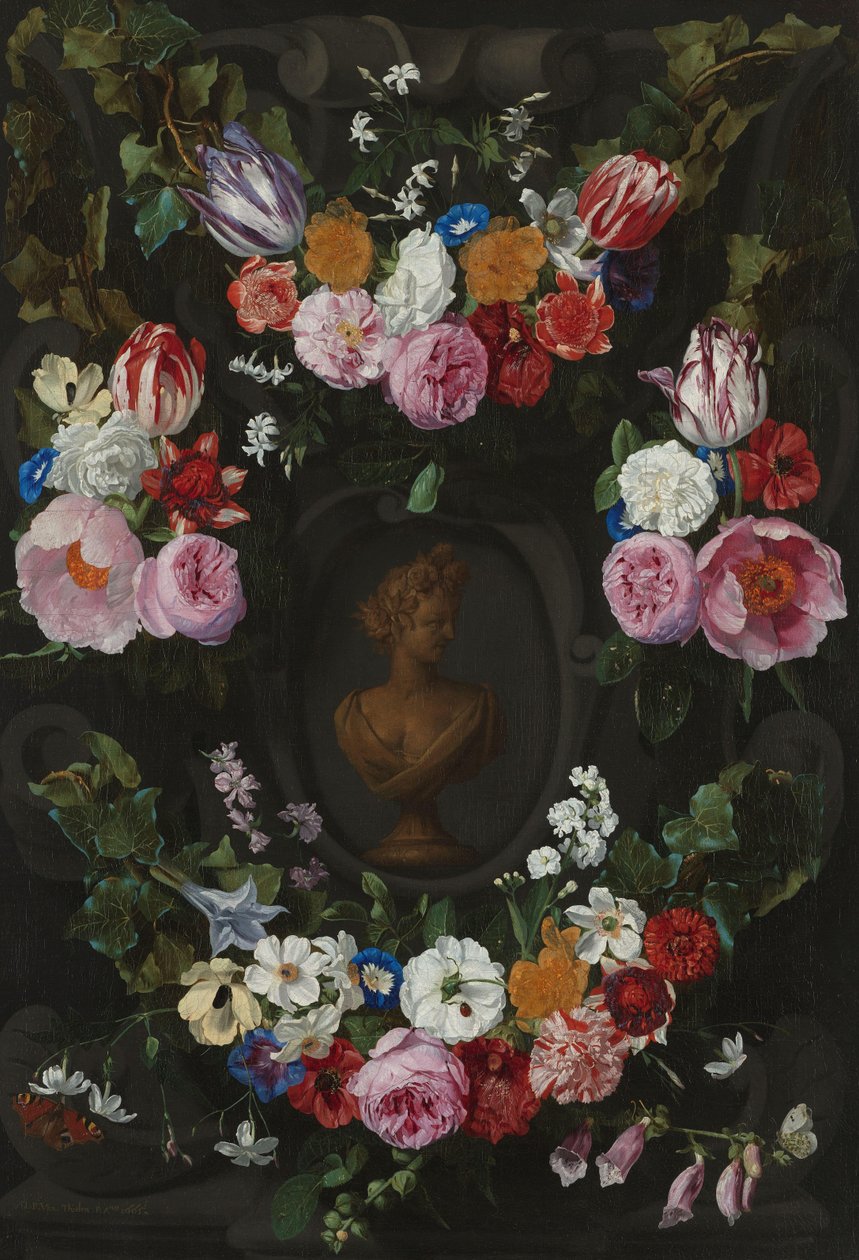 Cartouche dekorert med swags og sprøyter av blomster av Jan Philip van Thielen