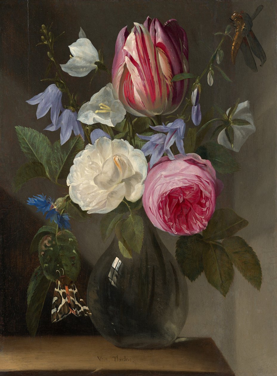 Roser og en tulipan i en glassvase, ca. 16501660. av Jan Philips van Thielen
