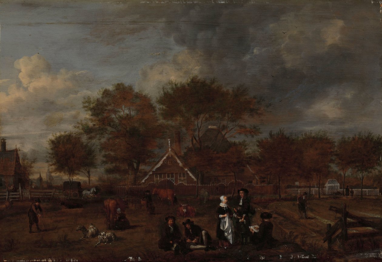 Gårdsgård med Gentleman Farmer og hans kone og maleren i forgrunnen av Jan Pietersz Opperdoes