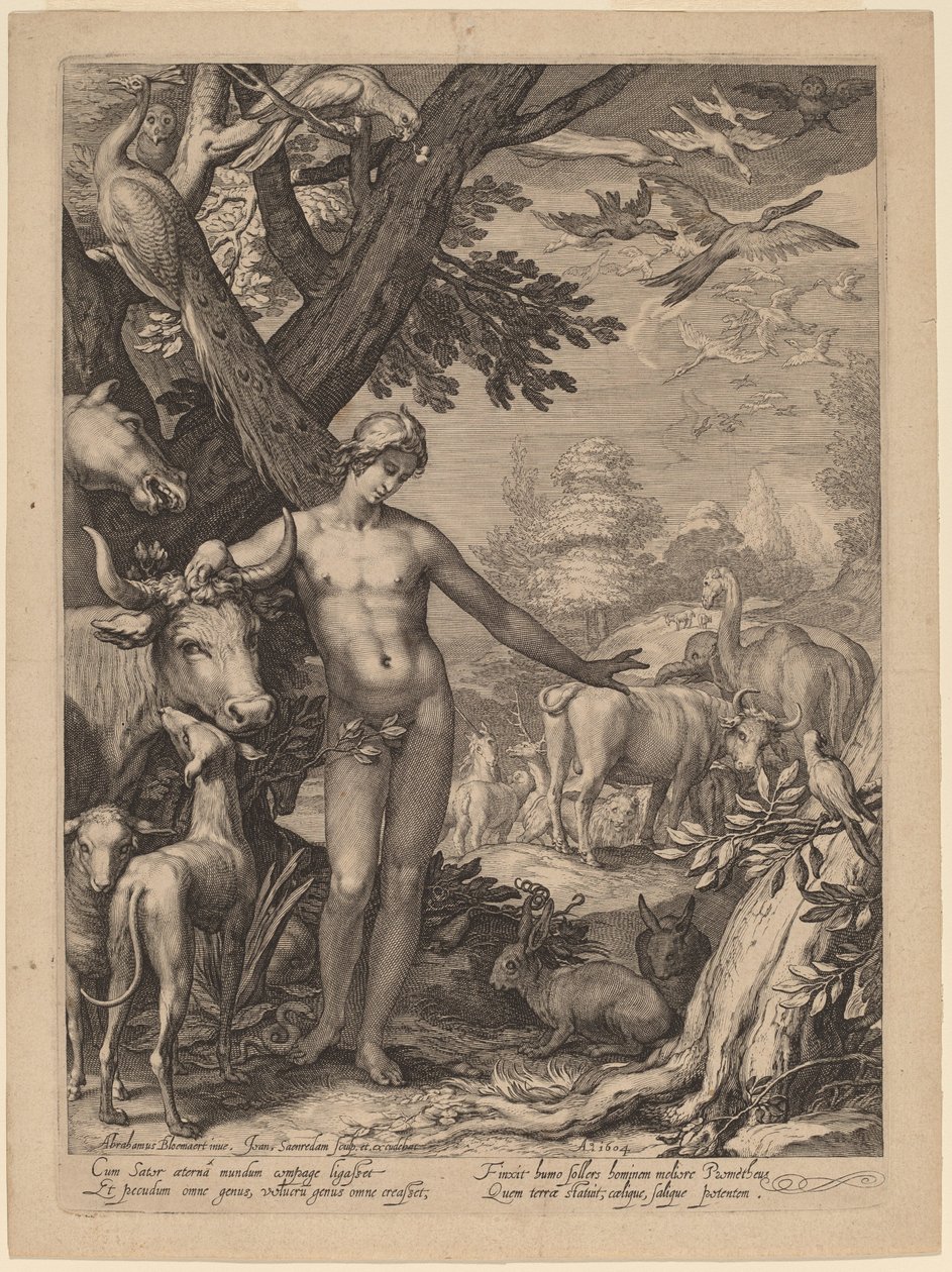 Adam navngir dyrene av Jan Pietersz Saenredam after Abraham Bloemaert