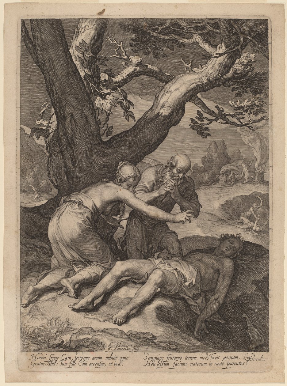 Adam og Eva klager over Abels lik av Jan Pietersz Saenredam after Abraham Bloemaert