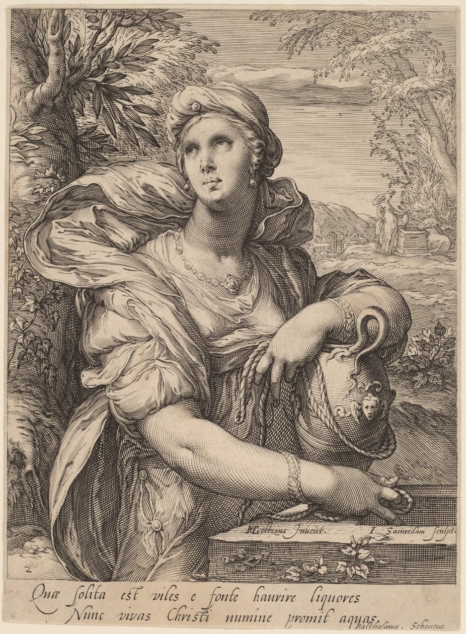 Samaritansk kvinne ved brønnen av Jan Pietersz Saenredam, after Hendrik Goltzius