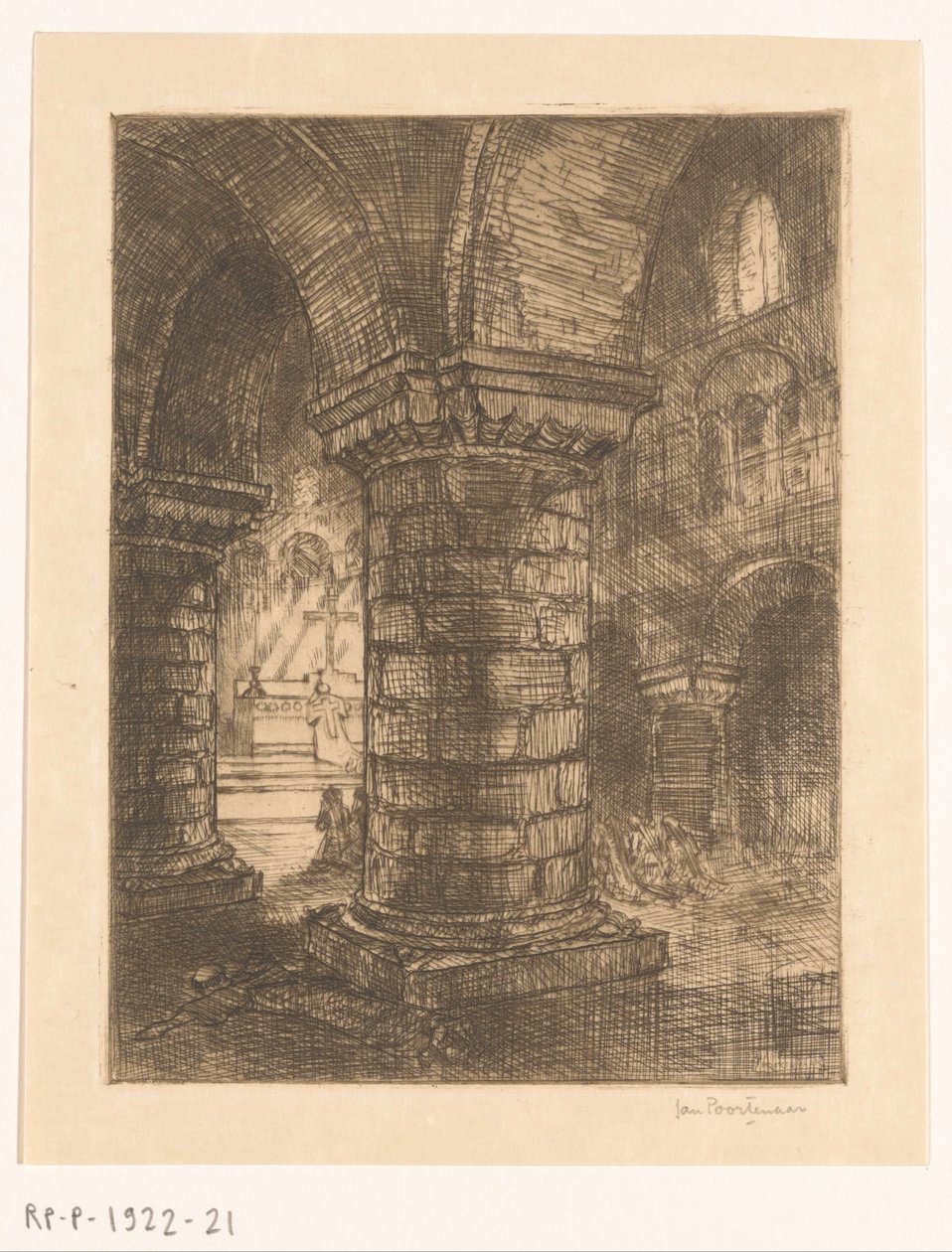 Liggende munk i en kirke av Jan Poortenaar (signed by artist)