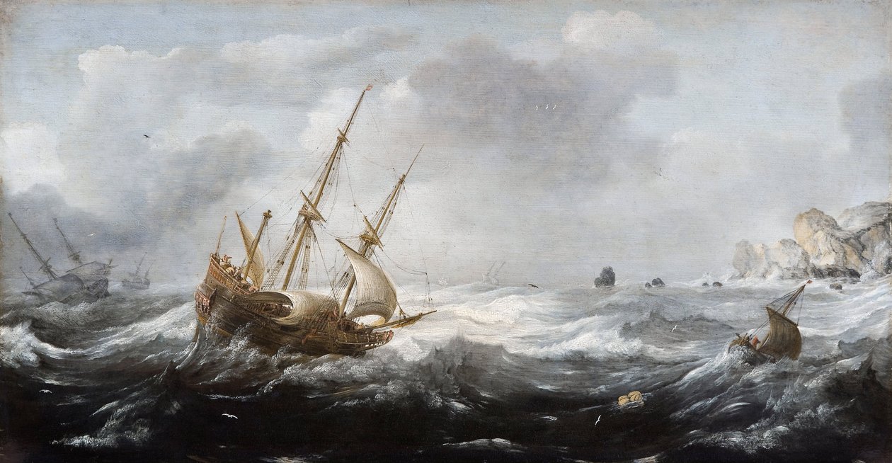 Skip i en storm på en steinete kyst - Peinture de Jan Porcellis (1582/5-1632) - 1614-1618 - Olje på tre - 35x67 - Hallwylska Museet, Stockholm av Jan Porcellis