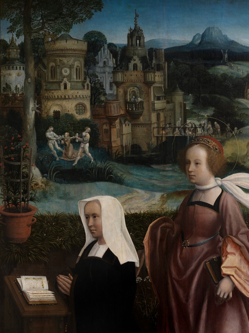 Detalj av giver med Saint Nicholas og donors hustru med Saint Godeliva, ca. 1515-21 (olje på panel) av Jan Provoost