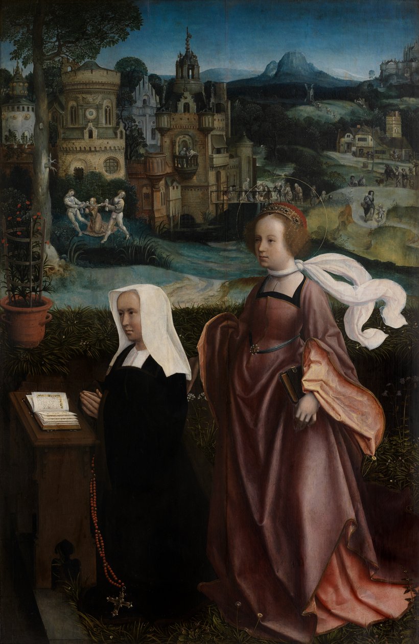 Detalj av giver med Saint Nicholas og donors hustru med Saint Godeliva, ca. 1515-21 (olje på panel) av Jan Provoost