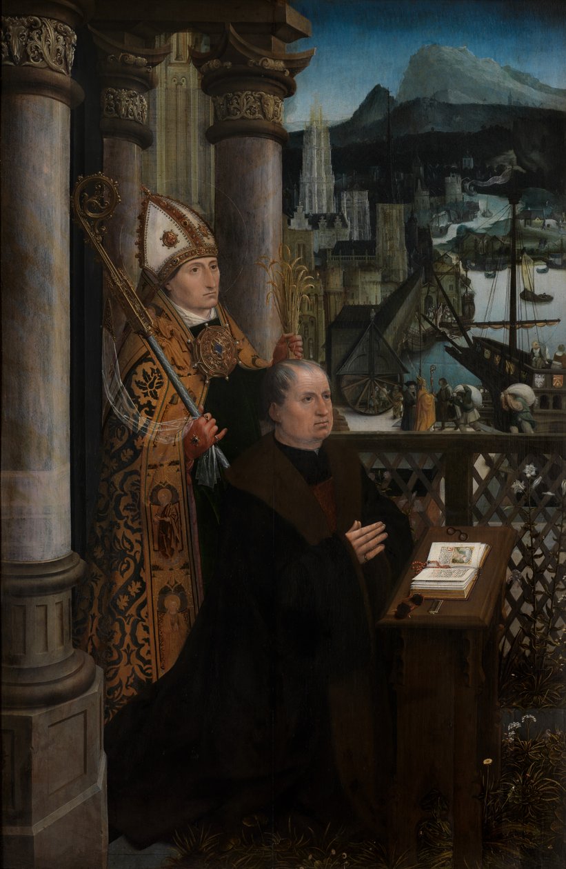 Detalj av giver med Saint Nicholas og donors hustru med Saint Godeliva, ca. 1515-21 (olje på panel) av Jan Provoost
