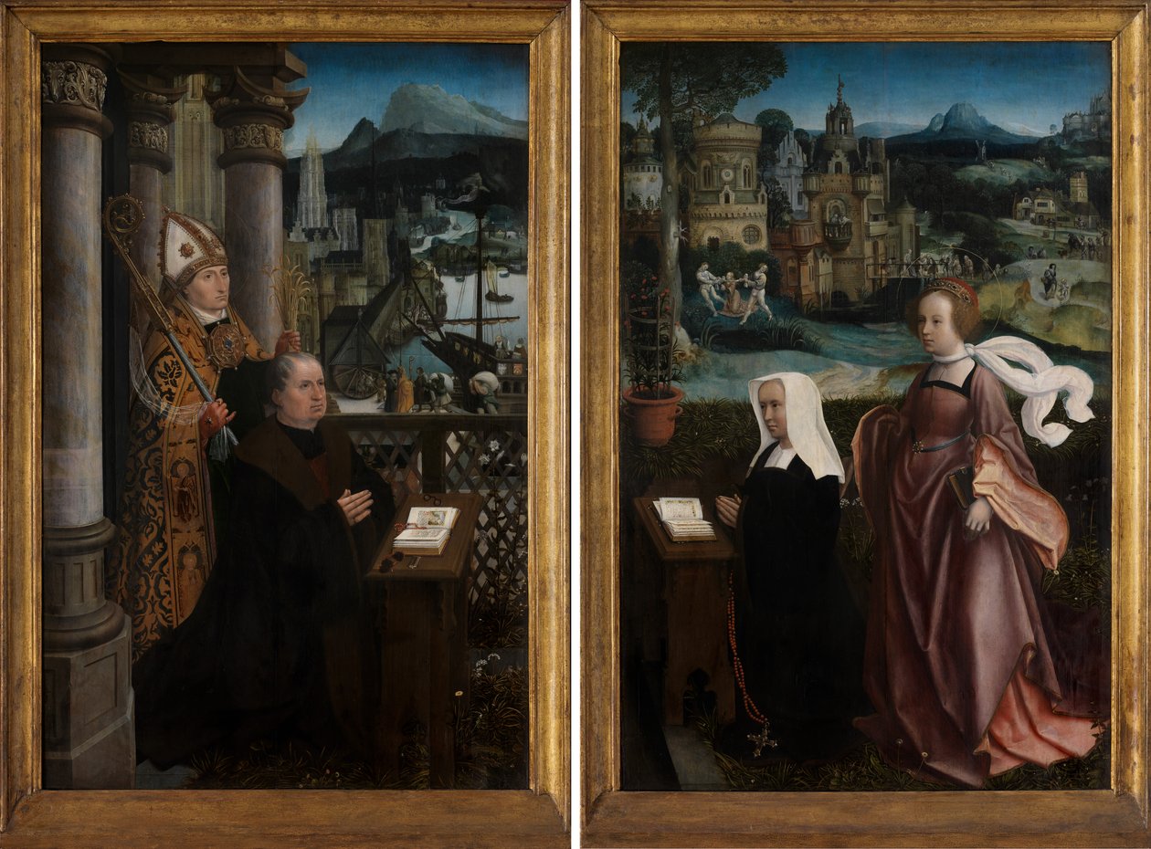 Giver med Saint Nicholas og giverens kone med Saint Godeliva, ca. 1515-21 (olje på panel) av Jan Provoost
