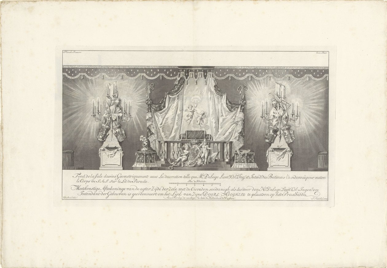 Baksiden av rommet med majesteten til prins William IV, 1751 Fond de la sale dessiné Geometriquement (...) / Meetkonstige Afteekeninge på baksiden Zijde der Zale med Cieraden sooodanigh som de av den Hr. Delage Leuit. Col: Ingen.r og Intendant av Jan Punt