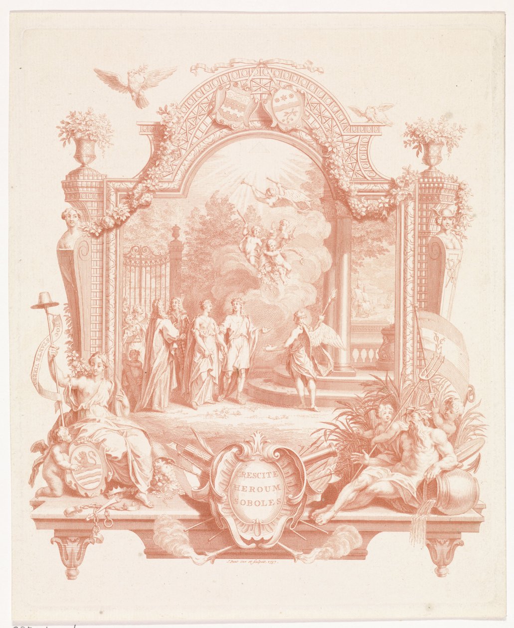 Allegorisk scene i anledning ekteskapet til Arnout van Citters og Sara Jacoba Ockerse Crescite heroum soboles (tittel på objekt) av Jan Punt