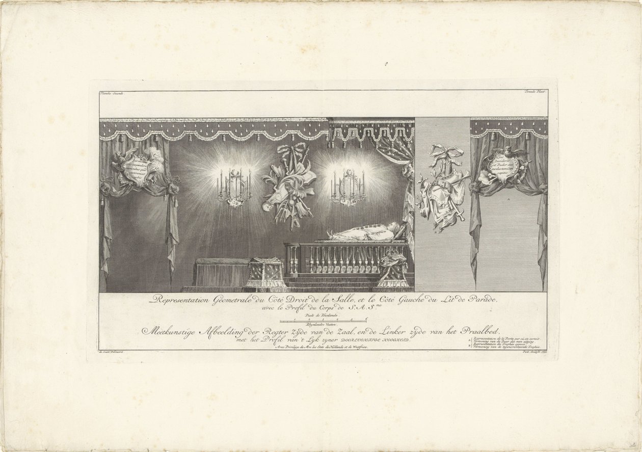 Høyre side av hallen med majesteten til prins William IV, 1751 Representasjon Geometrale du Côte Droit (...) / Meetkonstige Bilde av høyre side av hallen, og venstre side av Splendor Bed, med profilen til 