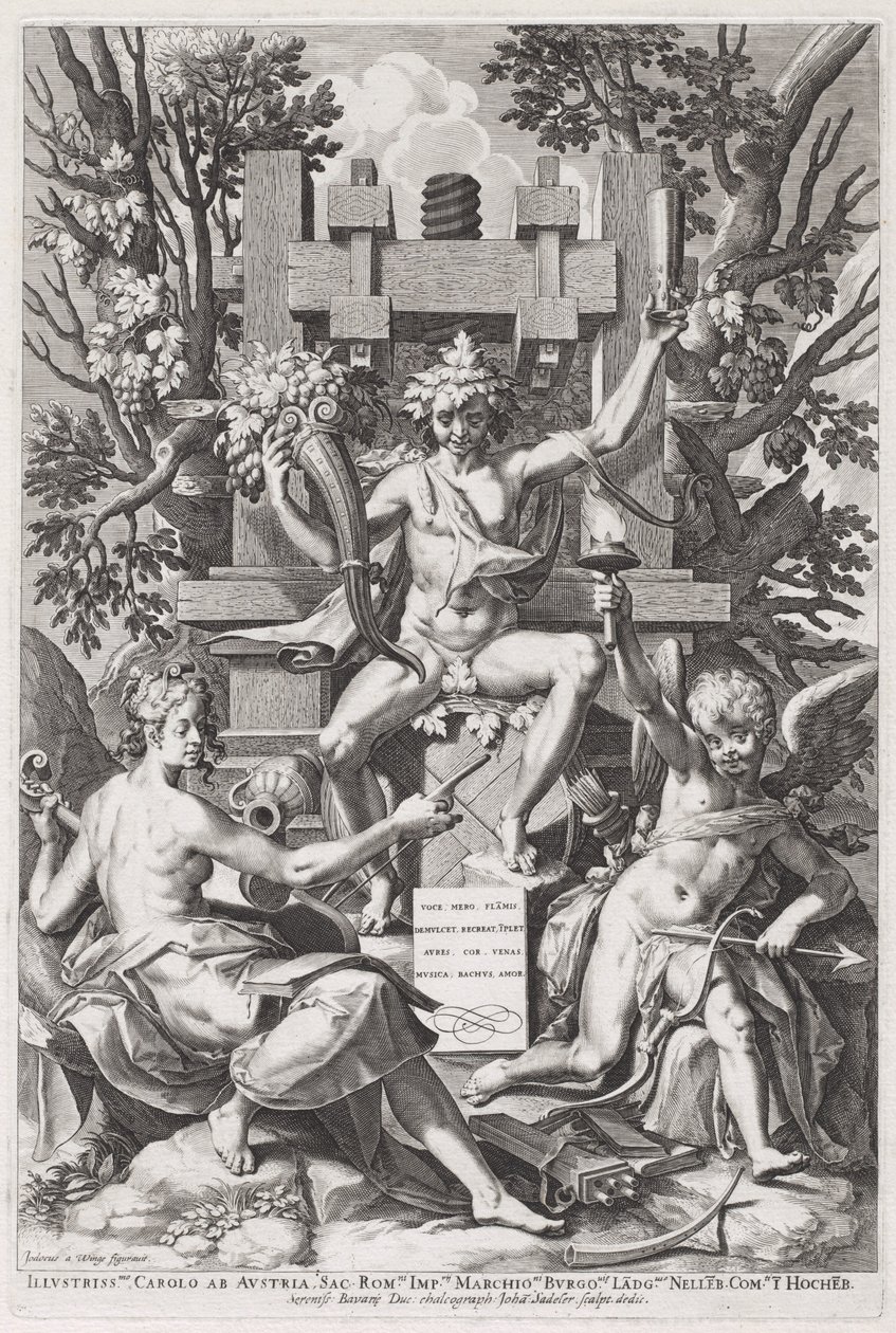 Bacchus sitter på en tønne mellom Amor og musikk av Jan Sadeler I, after Joos van Winghe