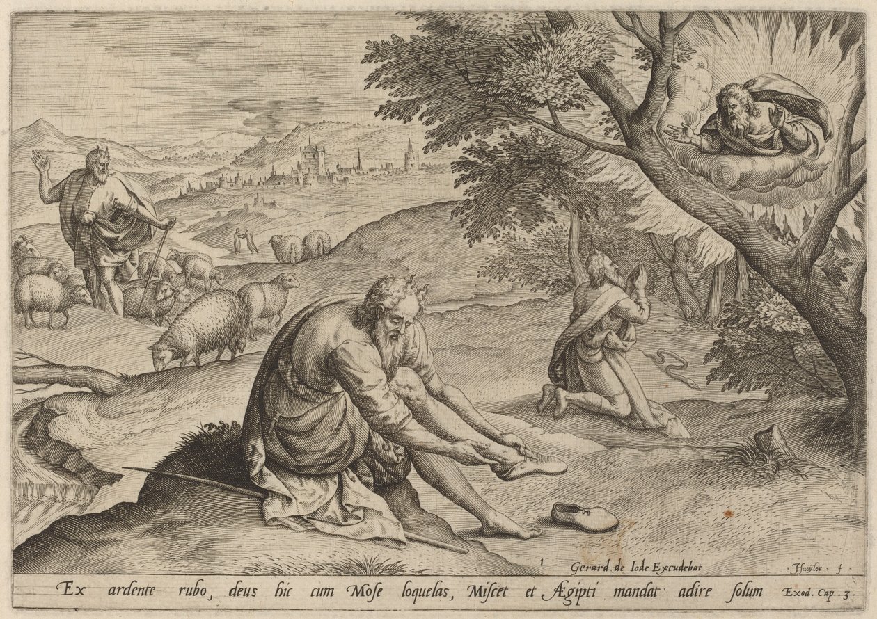 Gud viser seg for Moses av Jan Sadeler I, after Maarten van Cleef
