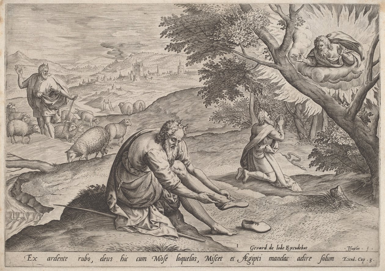 Gud viser seg for Moses av Jan Sadeler I, after Maarten van Cleef
