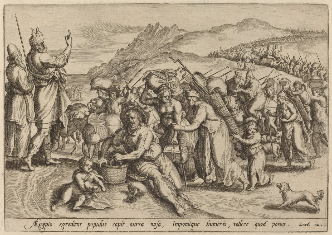 Utvandringen fra Egypt av Jan Sadeler I, after Maarten van Cleef