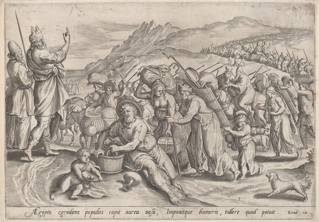 Utvandringen fra Egypt av Jan Sadeler I, after Maarten van Cleef