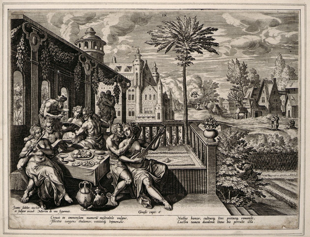 1. Mosebok Kapittel 6, vers 9, ca. 1600 (gravering på vevd papir) av Jan Sadler