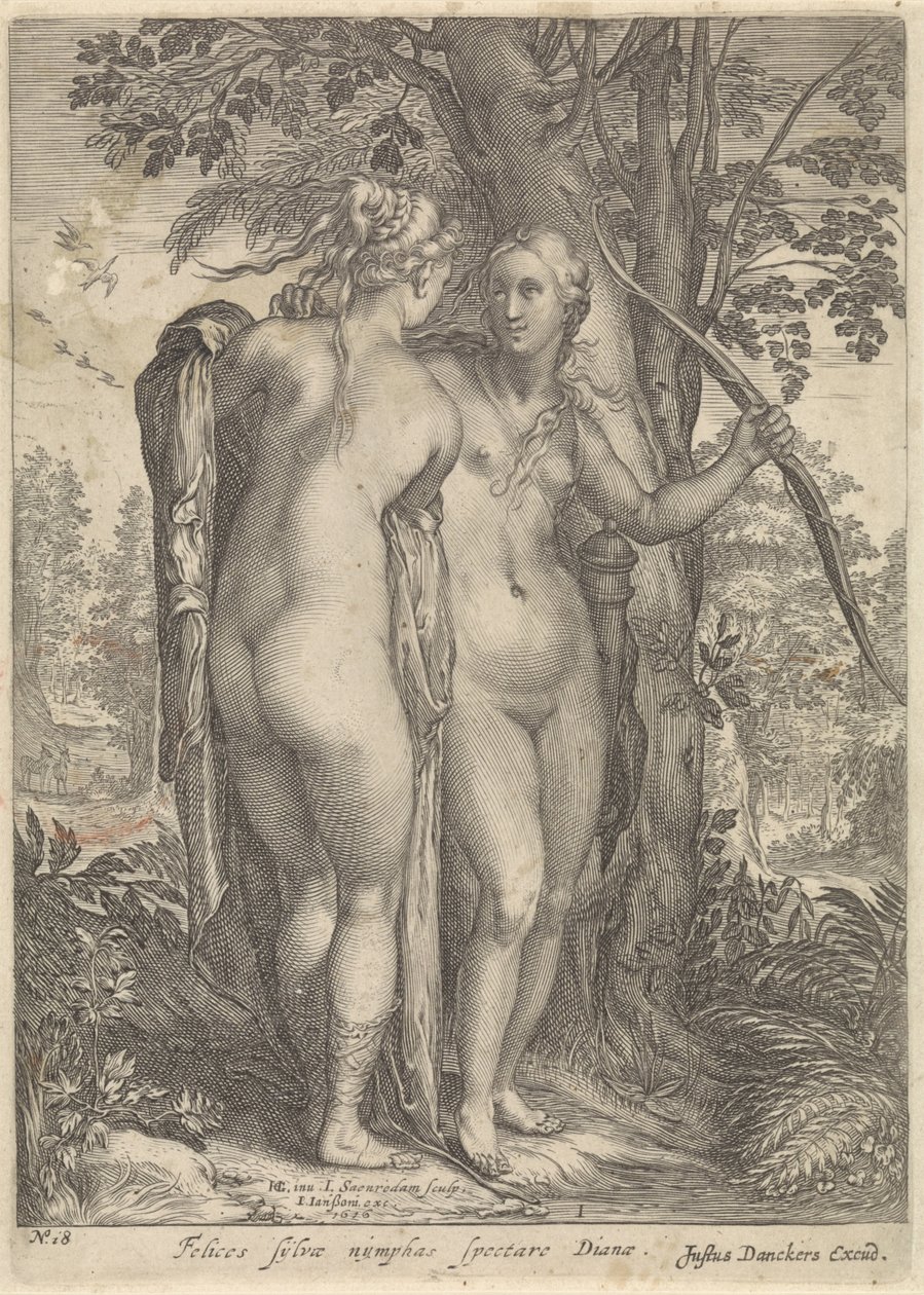 Diana og en nymfe foran et tre Diana og nymfene hennes (serietittel) av Jan Saenredam