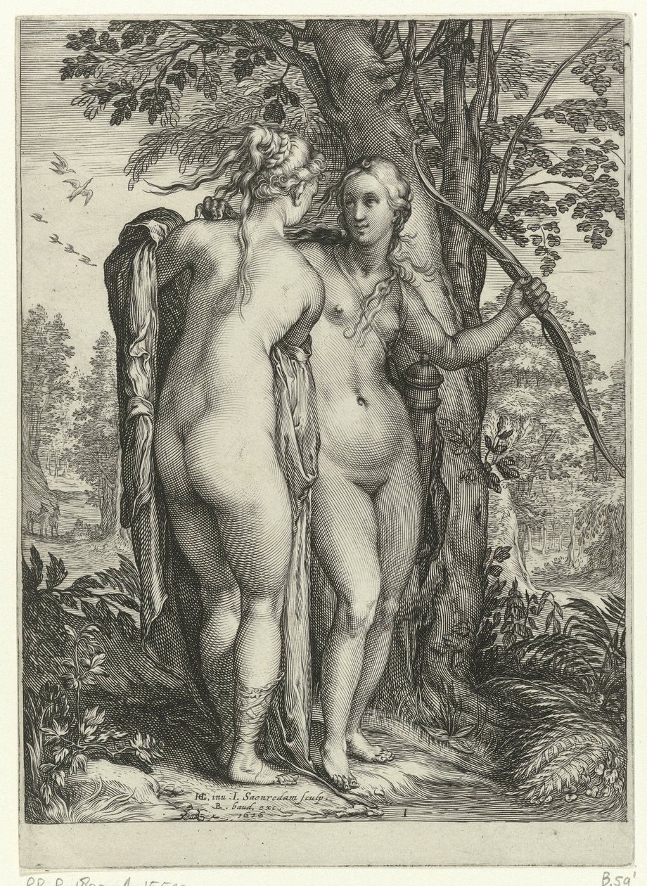 Diana og en nymfe foran et tre Diana og nymfene hennes (serietittel) av Jan Saenredam