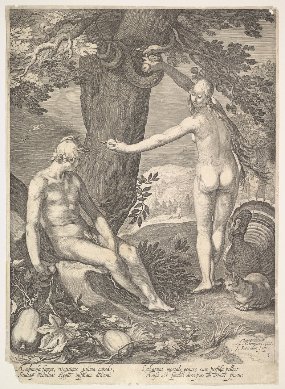 Eva som gir Adam den forbudte frukten, fra historien om Adam og Eva. av Jan Saenredam