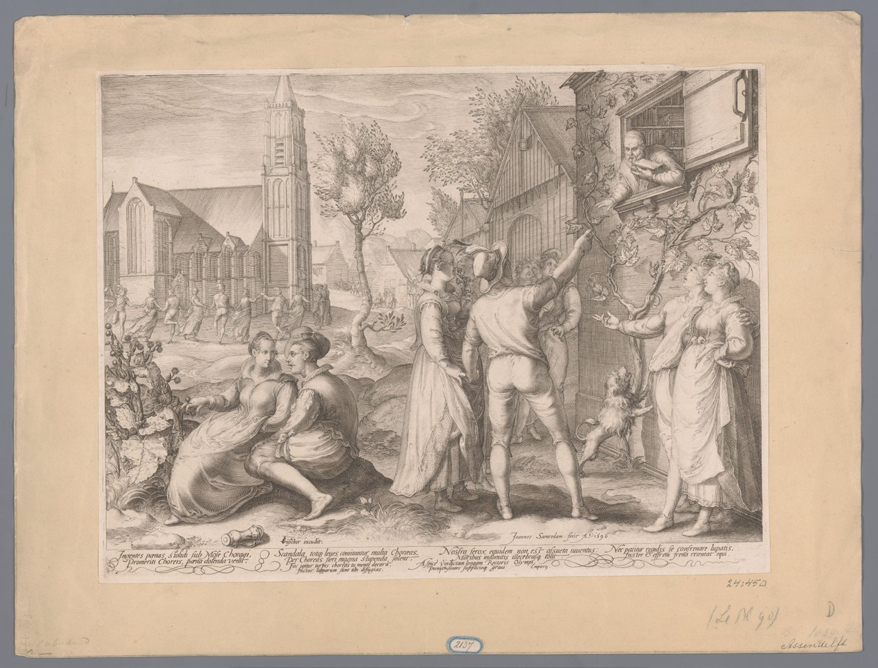 Jonge paren die poulet make en dansen, 1596 Enorme panas stolich under Moses Choragi Mereriti Choreis, pana dolenda venit (...) (tittel på objekt) av Jan Saenredam