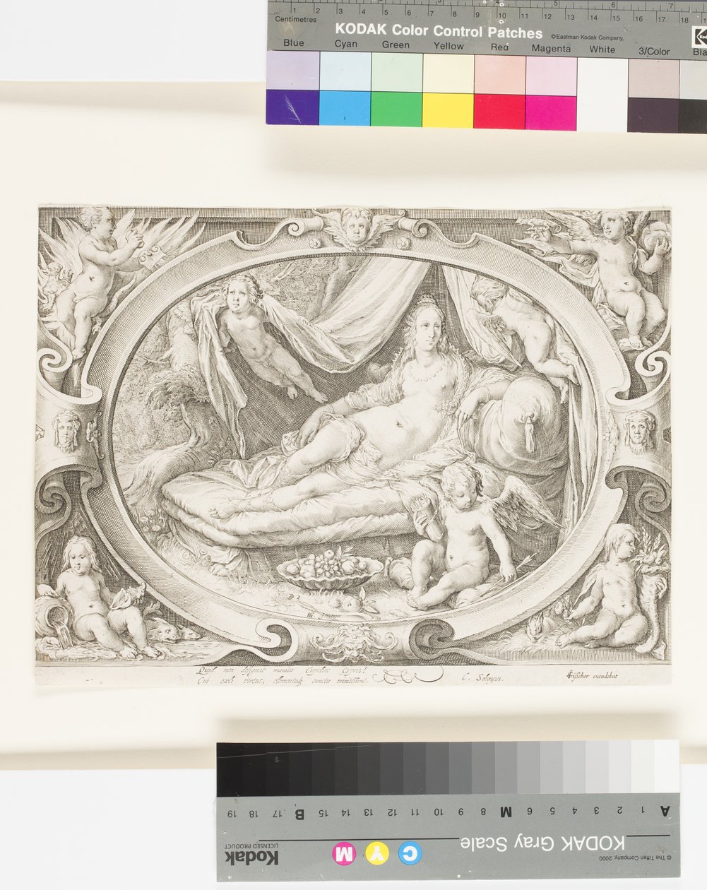 Venus på sofaen hennes mens Eros fyller koggeren hans med piler (gravering) av Jan Saenredam