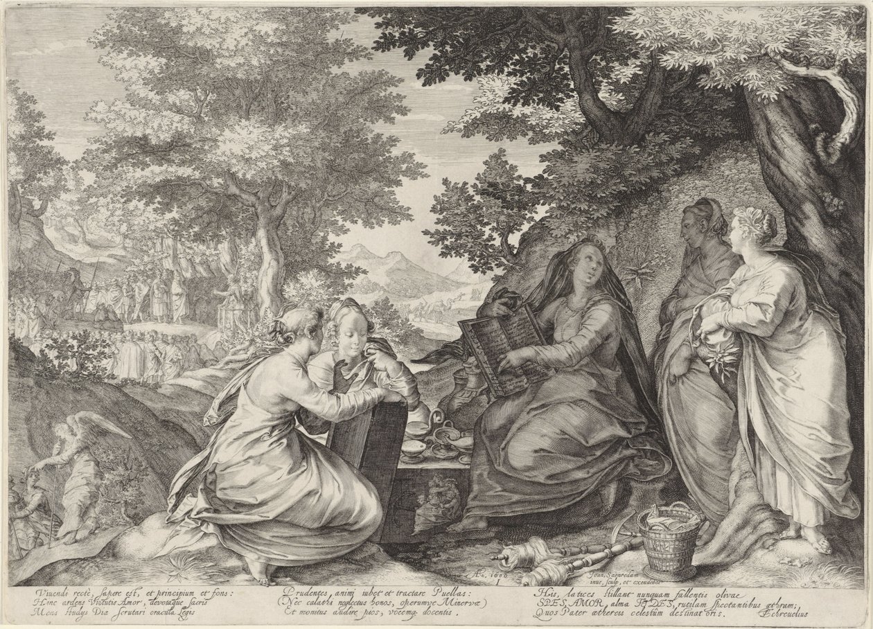 Fem vise jomfruer i et landskap med forkynnelsen av døperen Johannes Lignelse om de kloke og tåpelige jomfruer (serietittel) av Jan Saenredam
