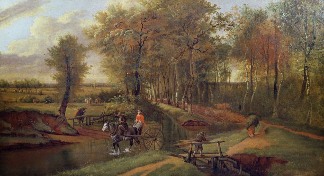 Et skogkledd elvelandskap med figurer, hest og vogn, 1692 av Jan Siberechts