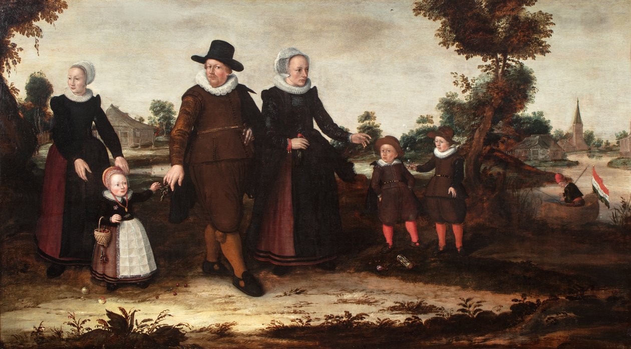 Et gruppeportrett av maleren Jan Siewertz Kolm, hans kone Fijtge Lindemans, deres barn Anna Jansdr., Siewert Jansz. og Hans Jansz. med en tjenestepike av Jan Siewertz Kolm