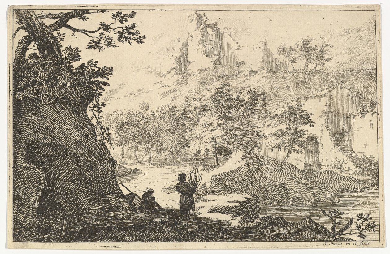 Landskap med ruiner av et slott på en høyde, tidlig på 1700-tallet. av Jan Smees