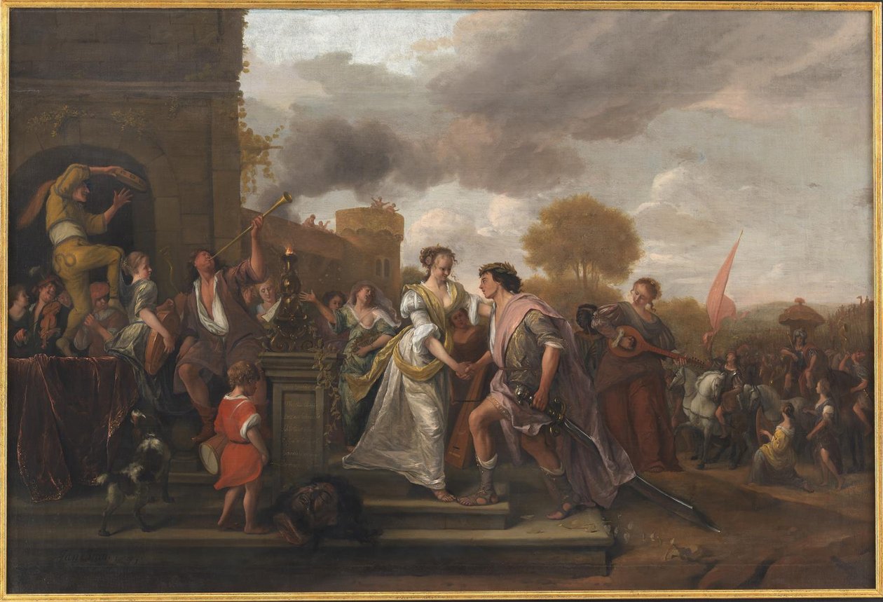 David vender tilbake seirende etter å ha beseiret Goliat og filistrene av Jan Steen